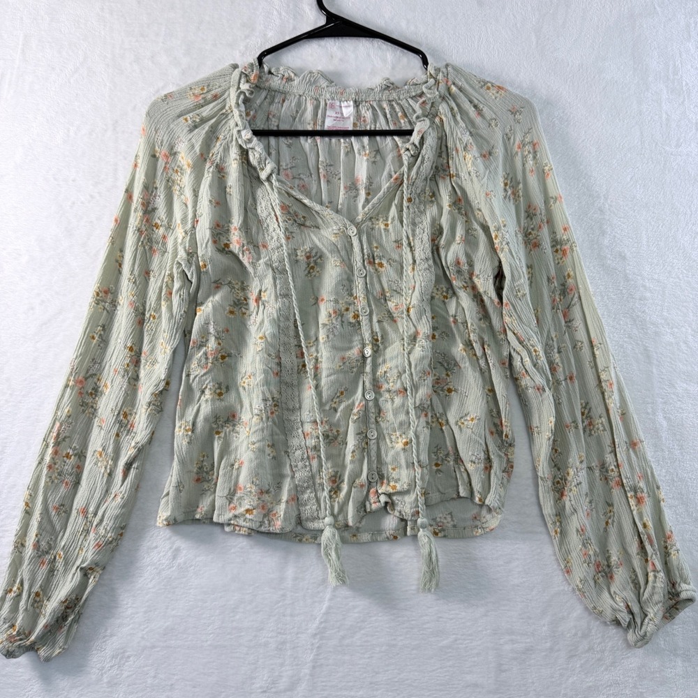 Boho Floral Blouse‎ Sage Green Lace Trim Tassel Tie Long Sleeve Women's XS